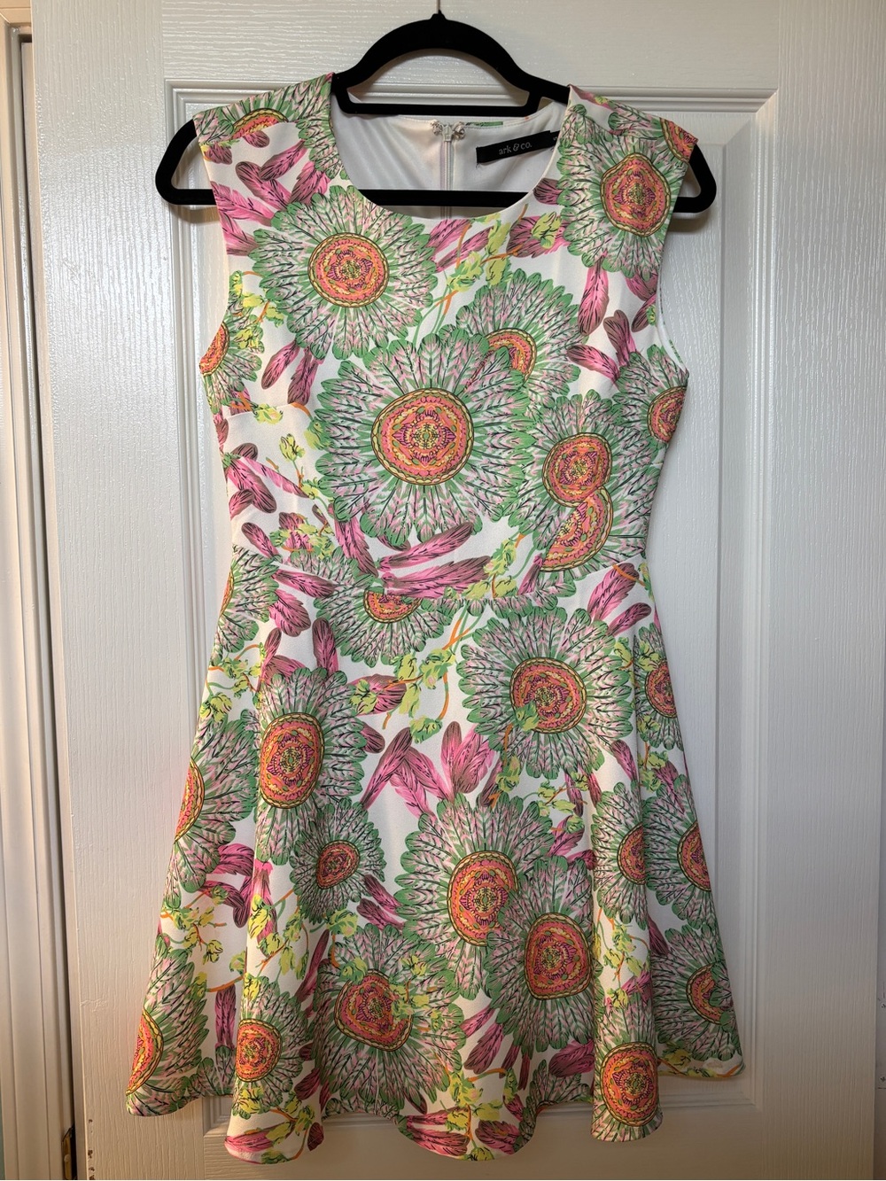Ark & Co White Sleeveless Fit & Flare Dress with Green and Pink Floral Print